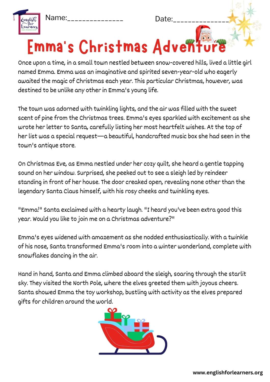 reading comprehension christmas story: emma's christmas adventure -